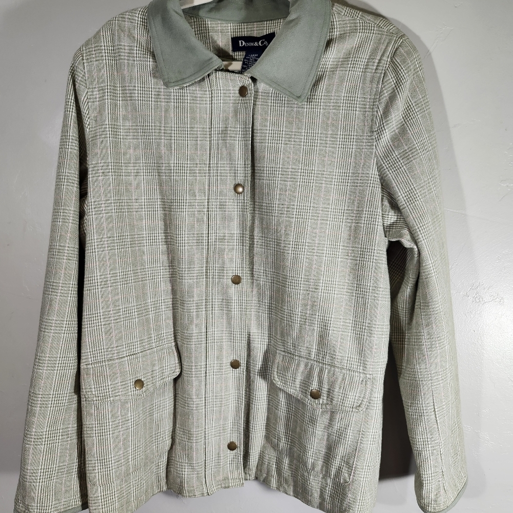 Denim & Co plaid Sage green jacket sz L